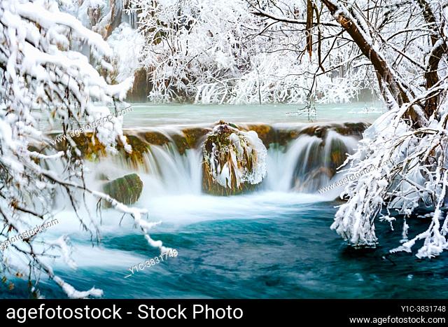 Dreamy scenery Winter season Plitvice lakes Croatia Europe