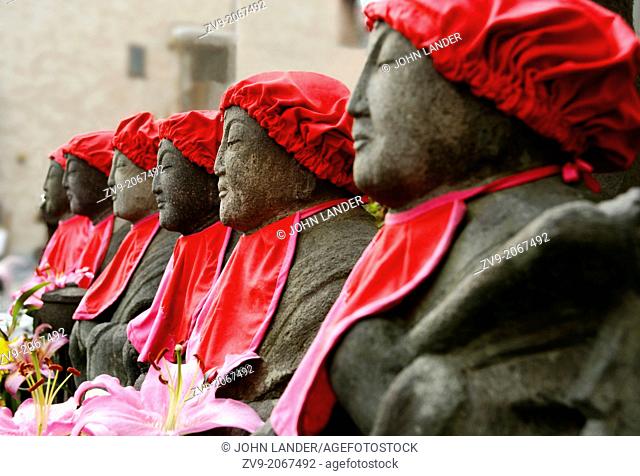 """""Roku Jizo"" or 6 Jizo are set at a major intersection in the town of Kamakura - Jizo images and statues are popular in Japan as Bodhisattva who console...