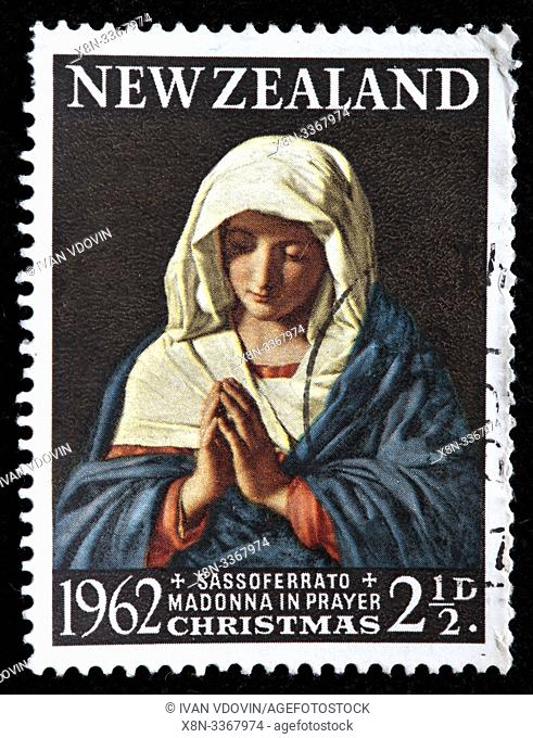 Madonna in prayer, Christmas, postage stamp, New Zealand, 1962