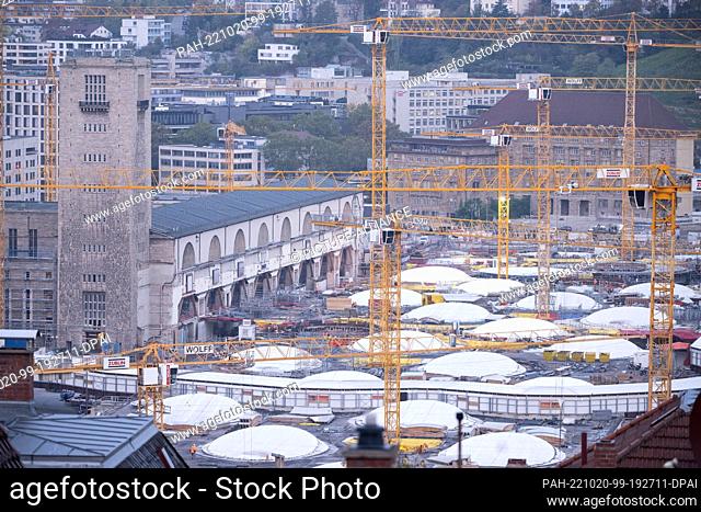 20 October 2022, Baden-Württemberg, Stuttgart: Construction cranes can be seen on the construction site of the main station