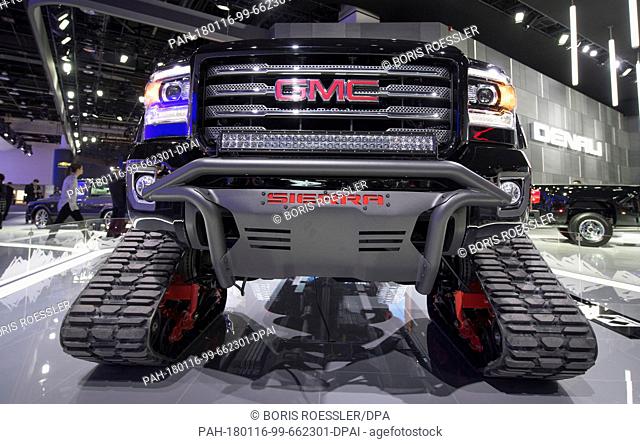 This ""All Terrain"" GMC, specially designed for operations in the snow, runs on chains rather than tyres, photographed at the 2018 North American International...