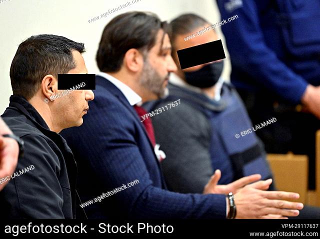 accused Dragisa Hamidovic (L) , The translator (C) and accused Sandro Hamidovic (R) pictured during a preliminary hearing of ex-restaurant owner Martino Trotta