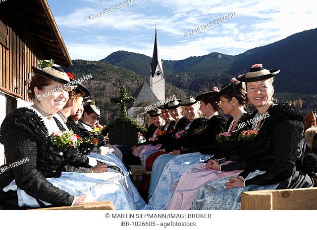 Women wearing traditional costumes during Leonhardifahrt, the feast day of Saint Leonard of Noblac, Kreuth, Tegernsee Valley, Upper Bavaria, Germany, Europe