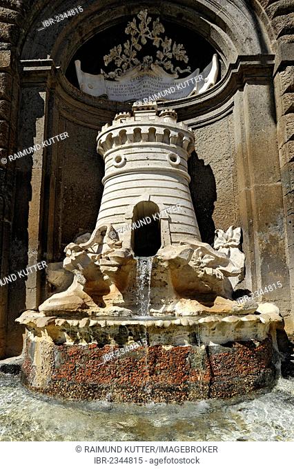 Fountain by Filippo Barigioni on the Renaissance town hall by Antonio Sangallo, Palazzo Comunale building, Piazza del Comune square, Nepi, Lazio region, Italy