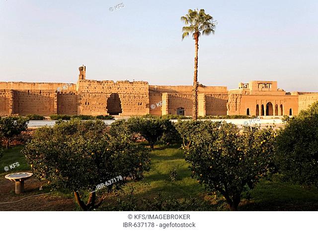 Ruins and orange gardens, inner courtyard of Palais El Badi, Marrakech, Morocco, Africa