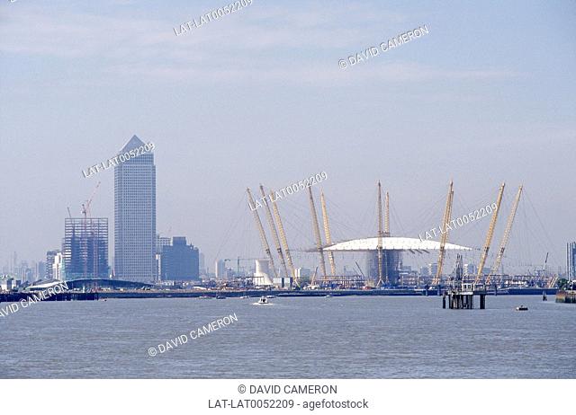 Canary Wharf. Millennium Dome under construction. River Thames in front