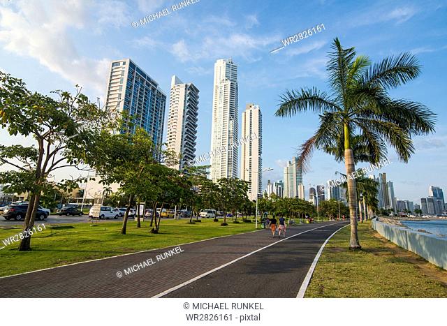 Walkway and the skyline of Panama City, Panama, Central America