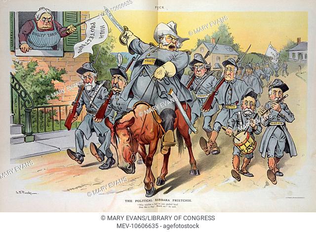 The political Barbara Frietchie. Illustration shows a troop of senators as Confederate soldiers, led by an officer on horseback labeled Trusts