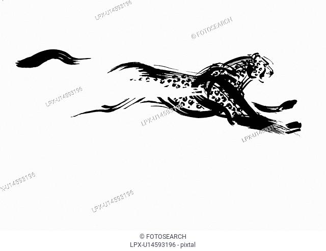 Running Leopard, Black Ink Illustration