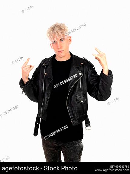 Cool guy with curly blond hair wearing a black leather jacket isolated on a white background