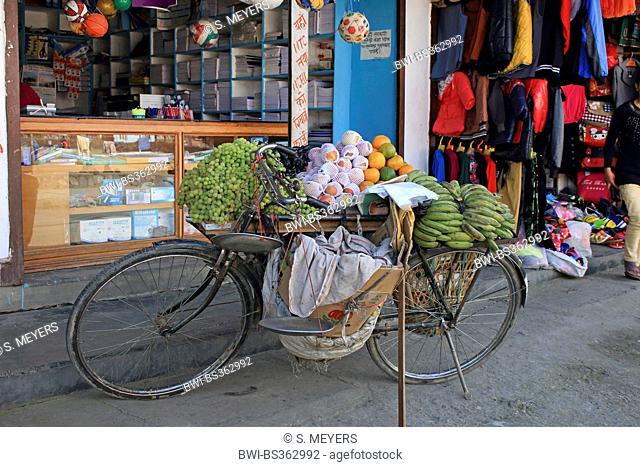 fresh fruits on bicyle as sales cart, Nepal, Kathmandu, Pokhara