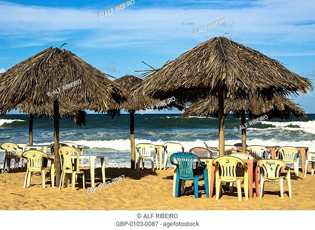 Kiosks, beach Imbassaí, municipality, Mata de São João, Bahia, Brazil