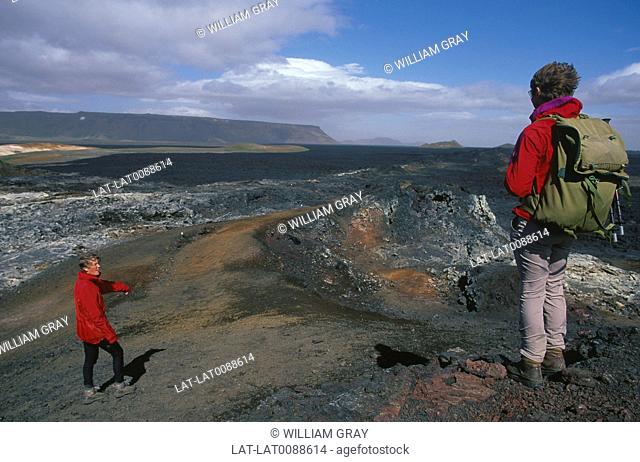Iceland has an active geothermal landscape. Krafla is a caldera of about 10 km in diameter with a 90 km long fissure zone in the Myvatn region