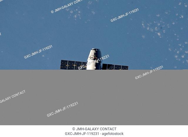 The SpaceX Dragon commercial cargo craft makes its relative approach to the International Space Station prior to grapple by the station's Canadarm2 robotic arm