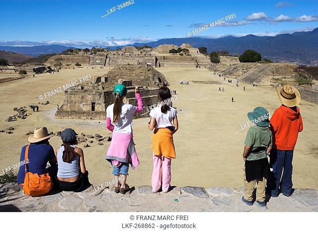 View, from the southern platform towards the main square with the observatorium in the foreground, archeological site of Monte Alban, Oaxaca de Juarez