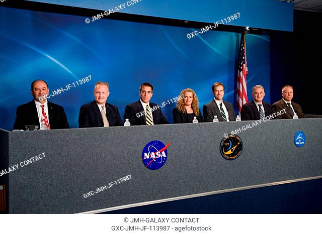 The STS-127 crew members are pictured during a STS-127 preflight press briefing at NASA's Johnson Space Center. Pictured from the left are astronauts Mark...