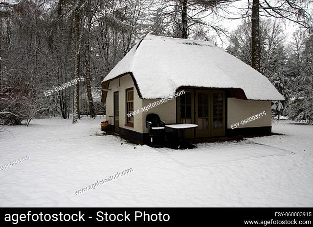 vakantiehuisje in de sneeuw in de winter 2009 op de veluwe