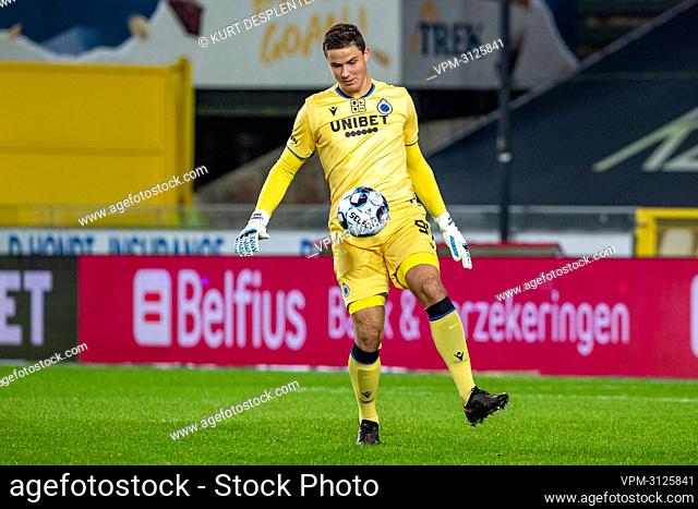 Club's goalkeeper Senne Lammens pictured in action during a soccer game between JPL club Club Brugge KV and D1B club KMSK Deinze