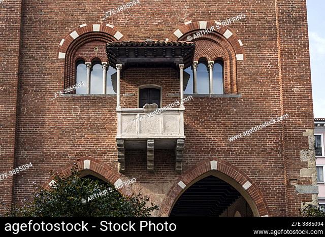 The ""parlera"" (loggia for reading municipal announcements). Arengario of Monza (Town Hall), Monza, Lombardy, Italy