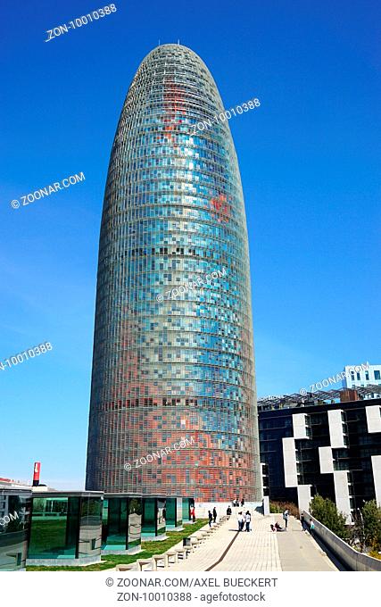 Barcelona, Spain - March 02, 2016: The Torre Agbar skyscraper, opened in 2005, is one of Barcelonas most recognizable buildings and part of the urban...