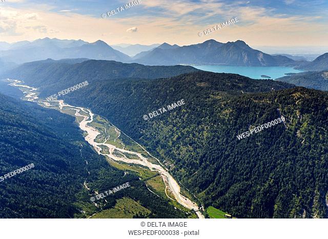 Germany, Bavaria, Aerial view of Lake Walchensee with Herzogstand and Heimgarten mountains