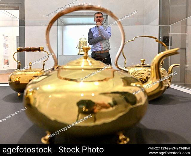 23 November 2022, Brandenburg, Frankfurt (Oder): Tim S. Müller, director of the Museum Viadrina, stands in the new exhibition ""Shiny things for tea...