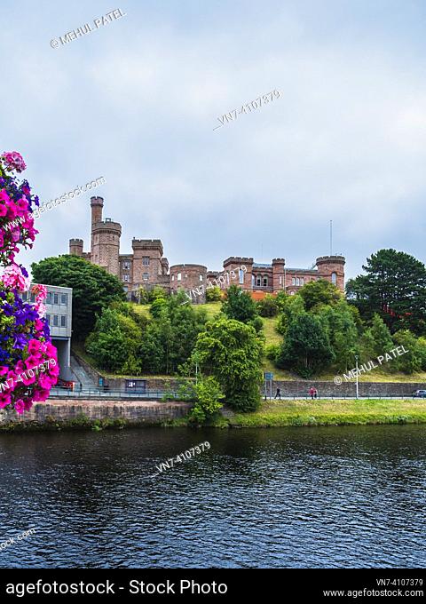 Inverness castle overlooking river Ness, Inverness, Scotland. The castle was closed for renovation in 2022