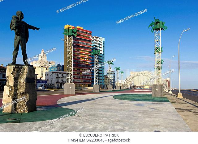 Cuba, Ciudad de la Habana province, La Havana, Vedado district, statue of Jose Marti on the Malecon standing in front of the former American Embassy today the...