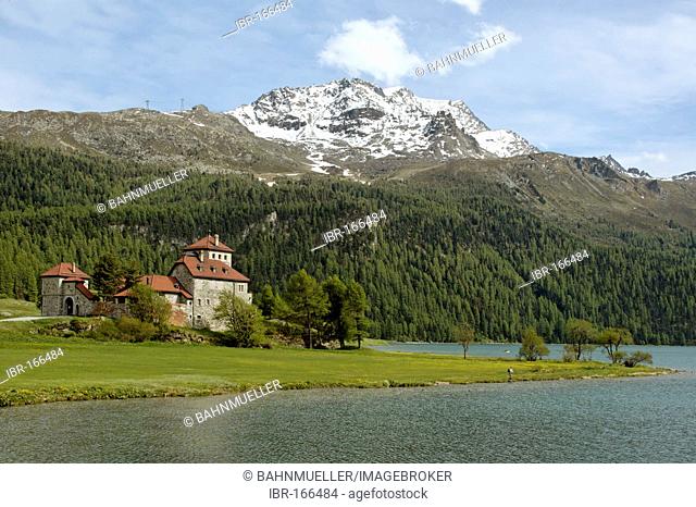 Crap da Sass castle in Silvaplana upon the lake Silvaplana near St. Moritz Engadin cantone of Graubuenden Grisons Switzerland built 19