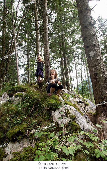 Two sisters on rock formation in forest, Hintersee, Zauberwald, Bavaria, Germany