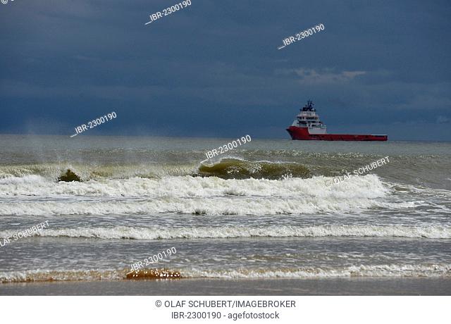 Stormy weather with an ocean-going ship to supply oil rigs, stormy sea, Aberdeen, Scotland, United Kingdom, Europe