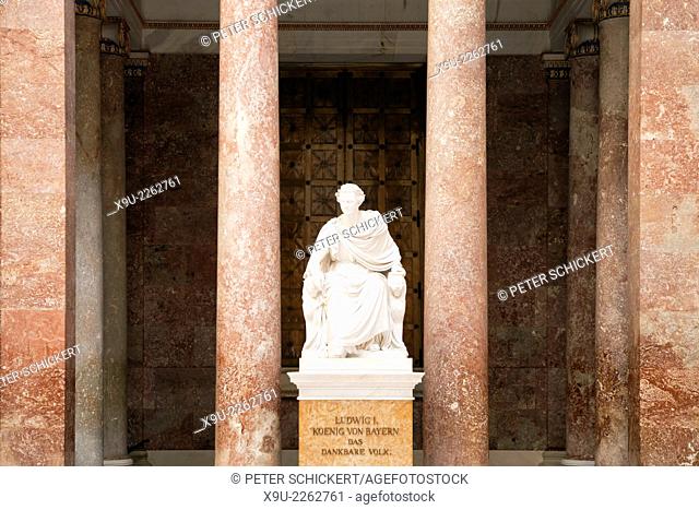 Statue of King Ludwig I inside the main hall of the Walhalla memorial east of Regensburg, Bavaria, Germany, Europe
