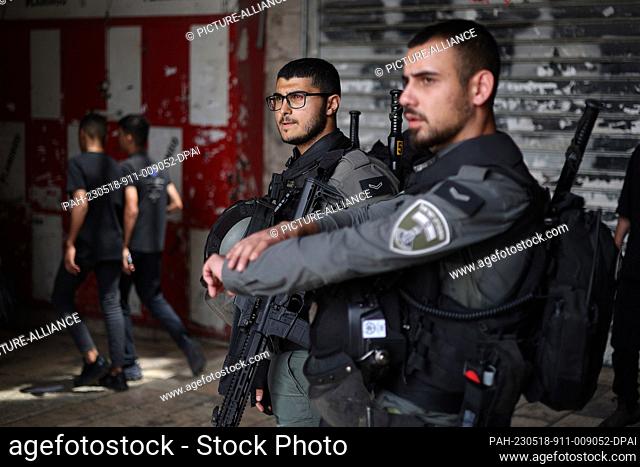 18 May 2023, ---, Jerusalem: Israeli security officer stand guard in Jerusalem Old City ahead of Jerusalem Day, an annual event during which Israeli...