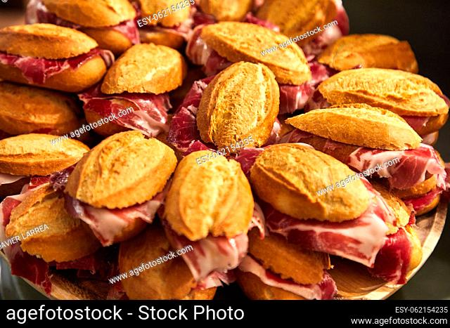 Ham sandwich, Pintxos, Parte Vieja, Donostia, San Sebastian, Pais Vasco, Spain