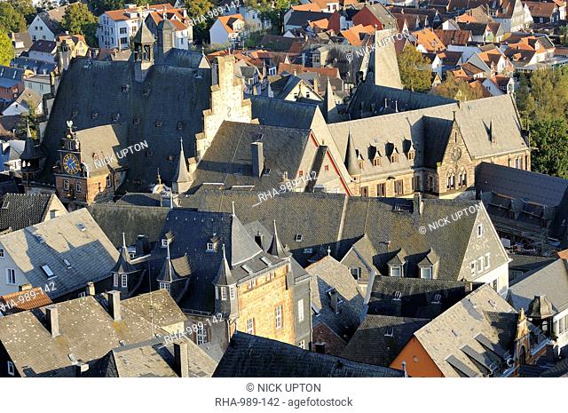 Rooftops of medieval buildings in Marburg, including the Town Hall and Old University, Marburg, Hesse, Germany, Europe