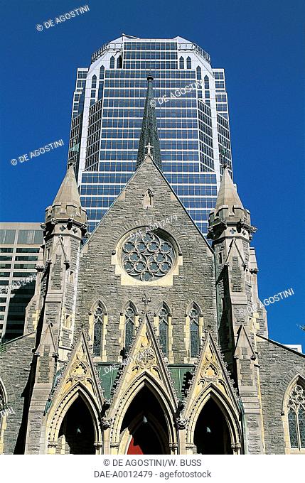 View of Christ Church Cathedral (19th century) with the KPMG Tower (1987) in the background, Montreal, Quebec, Canada