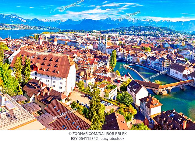 City of Luzern panoramic aerial view, Alps and lakes in Switzerland