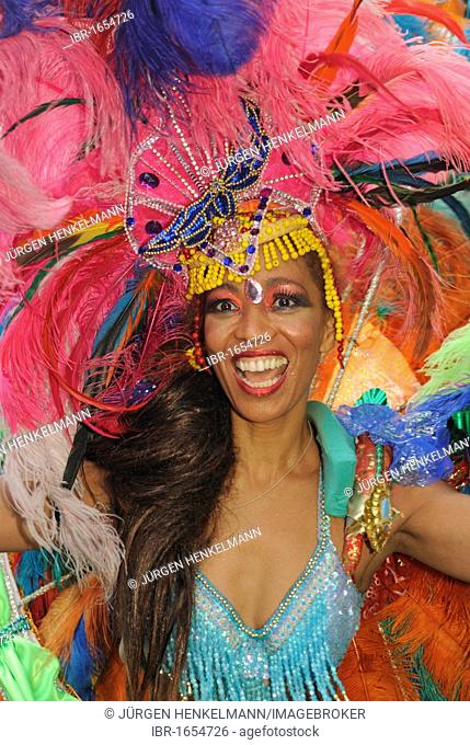 Brazilian Samba dancer Sonia de Oliveira from the Amasonia Samba School, Karneval der Kulturen or Carnival of Cultures in Berlin, Germany, Europe