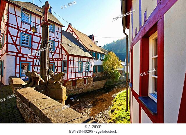 historical city of Monreal with timbered houses at river Elzbach, Germany, Rhineland-Palatinate, Eifel, Monreal