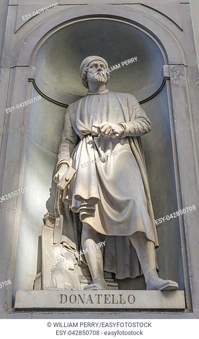 Donatello Statue Uffizi Gallery Florence Tuscany Italy. Statue by Girolamo Torrini in 1800s. 1400s Sculptor David