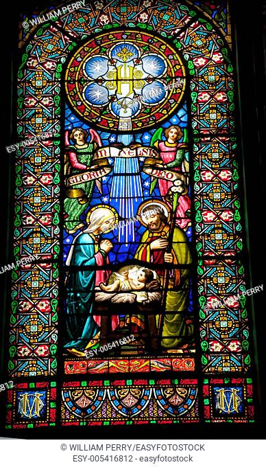 Stained glass nativity baby Jesus Mary Joseph Monestir Monastery of Montserrat, Barcelona, Catalonia, Spain Founded in the 9th century