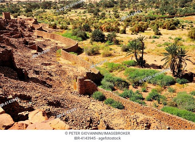 Ruins of the fortified trading post or Ksar with ramparts and oasis, UNESCO World Heritage Site, Ouadane, Adrar Region, Mauritania