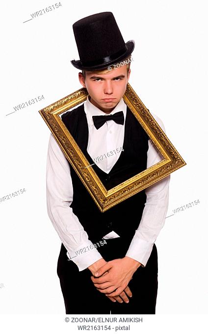 Young man holding frame isolated on white