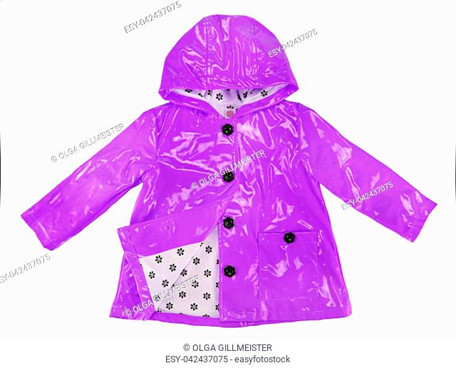 Rain jacket. Girls elegant purple rain jacket isolated on a white background. Fashion for rain season