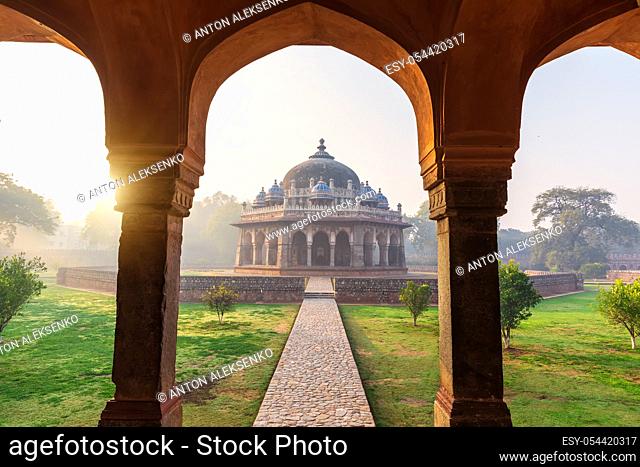 Sunrise in the Humayun's Tomb, view on the Isa Khan's tomb, Delhi, India
