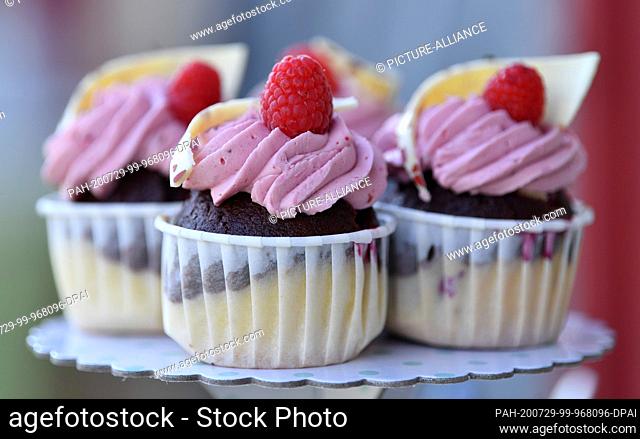 29 July 2020, Thuringia, Königsee-Rottenbach: Decorative cupcakes are on the table at the BahnHofladen Rottenbach during the Thuringian Minister President's...