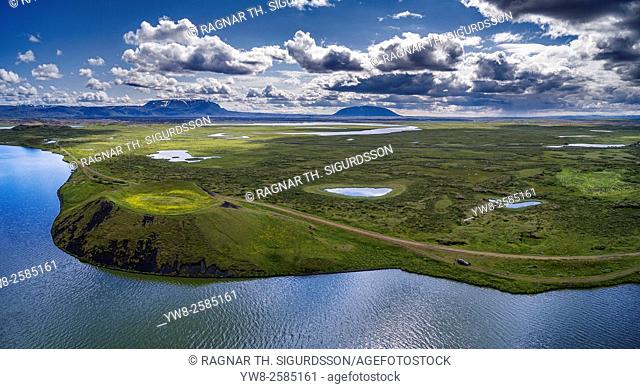 Aerial view of pseudo crater and unique rock formations at Kalfastrond, Lake Myvatn, Iceland. Image shot using a drone