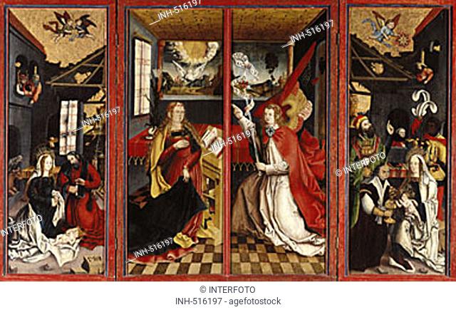fine arts, religious art, Saint Mary, annunciation, painting, triptych, circa 15th century, Etringen parish church, Baden-Wuerttemberg, Madonna, angel