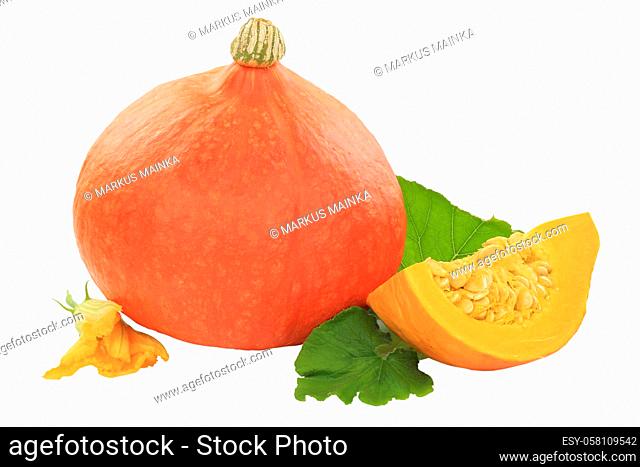 Pumpkin hokkaido vegetable with leaves fresh isolated on a white background
