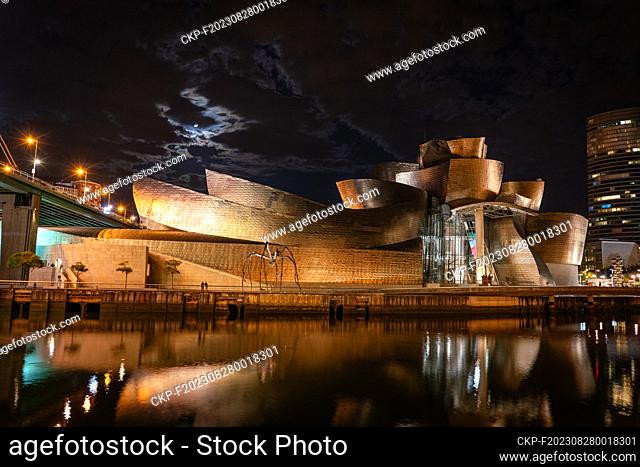 Bilbao, the largest city in Basque country in Spain and the capitol of the province of Biscay on July 28, 2023. Guggenheim Museum at night